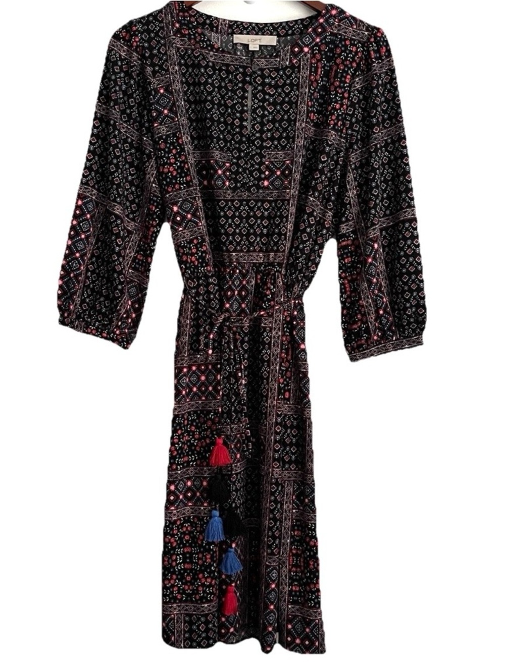 LOFT Dress L Colorful Geometric Floral Tie Tassels Bohemian Cottagecore